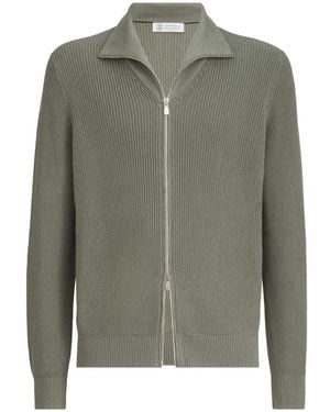 Brunello Cucinelli Cardigan Demi-Côtes Anglaises En Coton À Fermeture Éclair - Green
