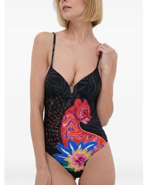 Desigual Strappy Cat Graphic-Print V-Neck Swimsuit - Black