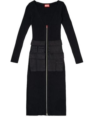 DIESEL Ribbed Zip-Front Pocketed Day Dress - Black