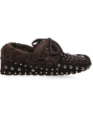 strategia shoes Studded Shearling-Trim Loafers - Brown
