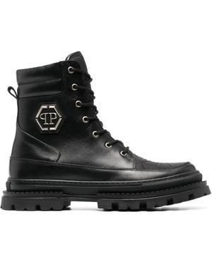 Philipp Plein Logo-Plaque Leather Ankle Boots - Black
