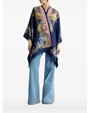 Etro Wool Cape With Placed Floral Paisley Print - Blue