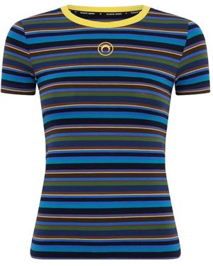 Marine Serre Deadstock Moon-Logo Striped Cotton T-Shirt - Blue