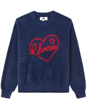 Chocoolate Heart-Motif Fuzzy-Knit Sweater - Blue