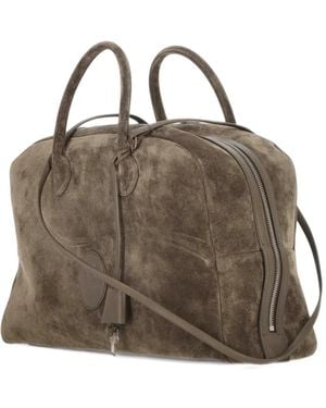 The Erose Suede Logo-Patch Handbag - Brown