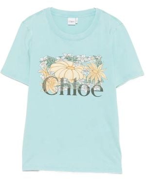Chloé Flower-Print T-Shirt - Blue