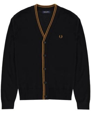 Fred Perry Tipping-Detail Embroidered-Logo Cardigan - Black