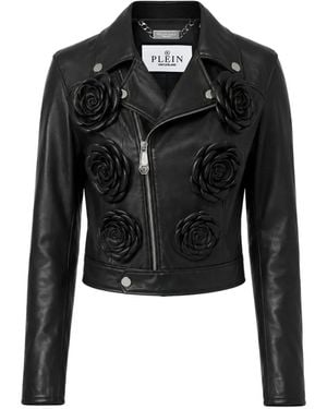 Philipp Plein Cropped Biker Jacket Flower - Black