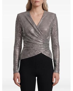 Self-Portrait Rhinestone Mesh Wrap Top - Gray