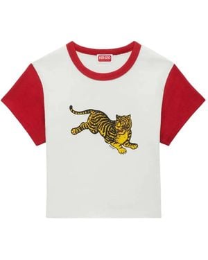 KENZO Jumping Tiger Cropped Cotton T-Shirt - Red
