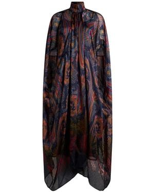 Etro Long Silk Dress With Cape And Degradé Paisley Motif - Blue