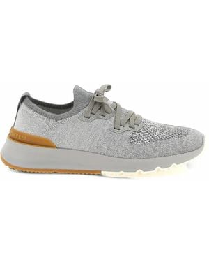 Brunello Cucinelli Knit Lace-Up Sneakers - White