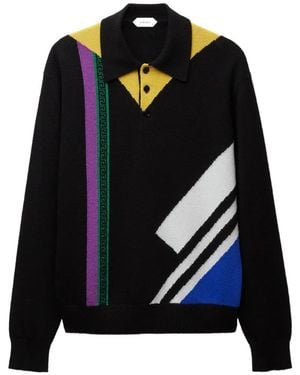 Versace Wool Intarsia Knit Polo Sweater - Black