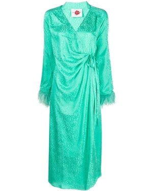 Art Dealer Feather-Detailing Wrap-Design Dress - Green