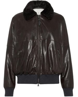 Brunello Cucinelli Shearling-collar Leather Bomber Jacket - Black