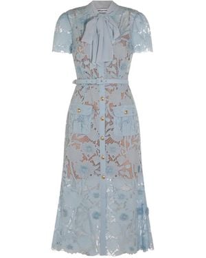 Self-Portrait Belted Floral-Lace Midi Dress - Blue