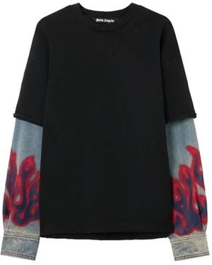 Palm Angels Flame Hybrid Long-Sleeve Sweater - Black