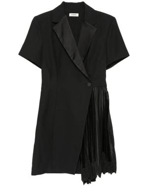 Sandro Pleated Lace-Trim Mini Dress - Black