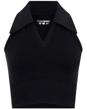 Philipp Plein Ponited-Collar Crop Top - Blue