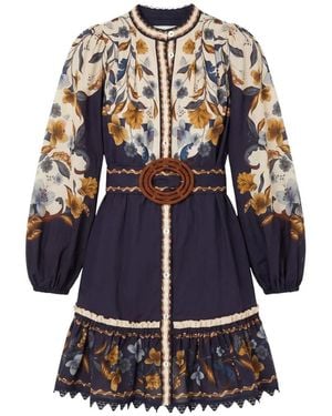 FARM Rio Golden Nature Belted Long-Sleeve Mini Dress - Blue