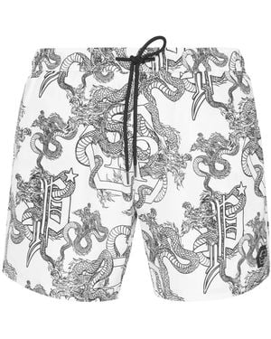 Philipp Plein Short De Bain À Logo Métallisé - Blanc