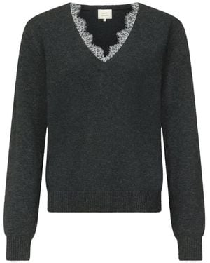 Loulou de Saison Layla Lace-Trim V-Neck Jumper - Black