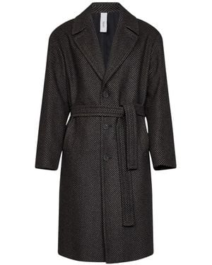 Hevò Belted Herringbone-Pattern Coat - Black