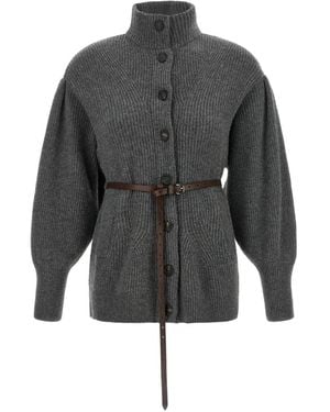 Brunello Cucinelli Belted Chevron-Knit Cardigan - Gray