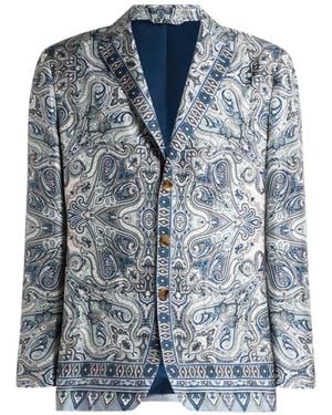 Etro Single-Breasted Silk Jacket With Placed Pocket-Square Paisley Print - Blue