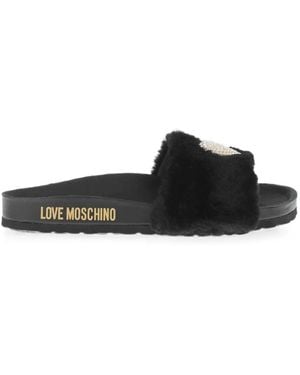 Moschino Rhinestone Heart-Patch Slides - Black