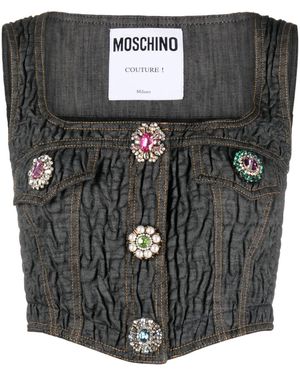 Moschino Brooch-Embellished Denim Bustier - Black