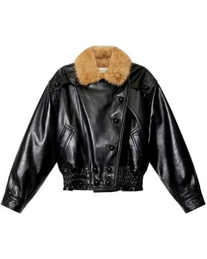 Isabel Marant Valina Glossy Leather Jacket, Shearling Collar - Black