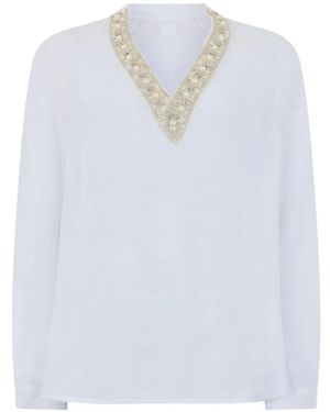 120% Lino V-Neck Embellished Blouse - White