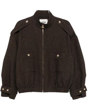 Maje Herringbone-Pattern Stand-Up Collar Jacket - Black