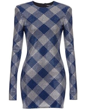 Balmain Rhinestone-Embellished Gingham Mini Dress - Blue