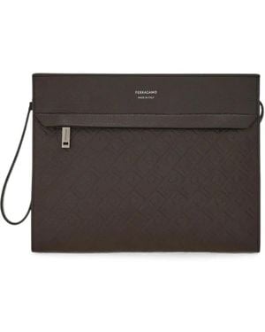 Ferragamo Gancini-Embossed Leather Clutch Bag - Black