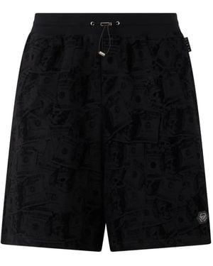 Philipp Plein Dollar-Skull Fleece Shorts - Black