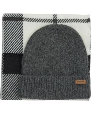 Barbour Pendle And Blair Checked Beanie Hat And Scarf Set - Grey