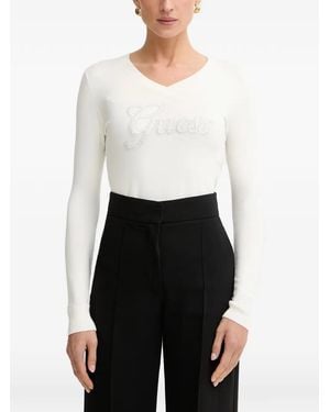 Guess Embellished V-Neck Jumper - White