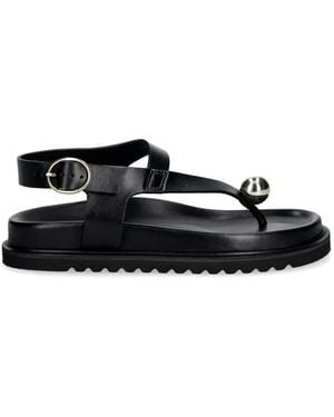 Souliers Martinez Spiaggia Ball-Embellished Leather Flat Sandals - Black