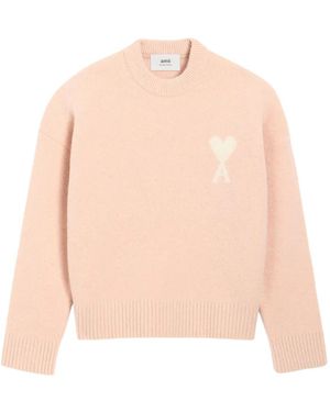 Ami Paris Pull Col Rond De Coeur - Rosa