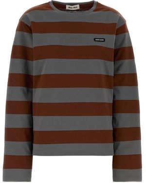 Miu Miu Striped Embroidered T-Shirt - Brown