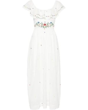 RIXO London Ebony Midi-Jurk Met Ruches En Borduurwerk - Wit