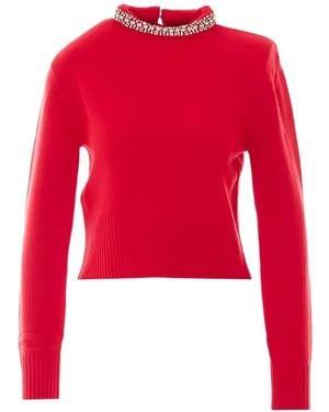 Pinko Crystal-Embellished Mock-Neck Sweater - Red
