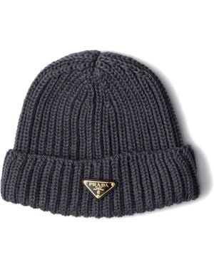 Prada Triangle-Logo Ribbed Beanie - Blue