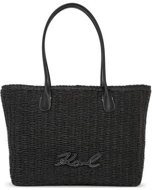 KARL LAGERFELD Small Signature Raffia Beach Tote Bag - Black