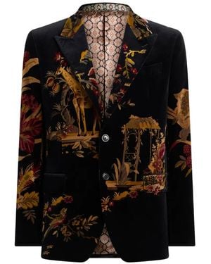 Etro Single-Breasted Cotton Velvet Jacket With Placed Flower And Animal Print - Black