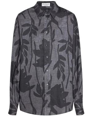 Brunello Cucinelli Floral-Print Linen Shirt - Grey