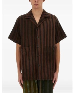 Uma Wang Striped Shirt With Oversized Collar And Textured Fabric - Black