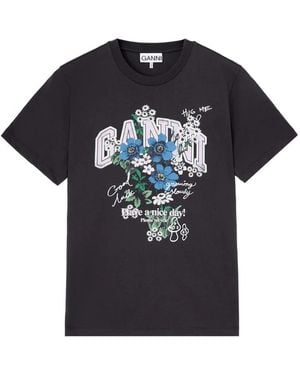 Ganni T-Shirt With Flowers - Blue